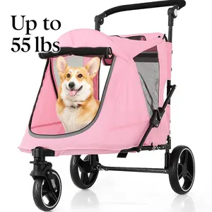 Foldable Large Pets Stroller, One- Step Folding with Foot - Activated Lock, up to 55ibs 9-Angle Adjustable Handlebar, Dual Entrance- Mesh Design with Sky Window, 3 Durable Rubber Wheels