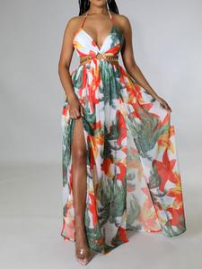women's ditsy floral print backless side slit chiffon dress, boho fashion casual halter neck sleeveless long dress for beach holiday vacation, ladies summer clothes, backless bodycon bohemian womenswear