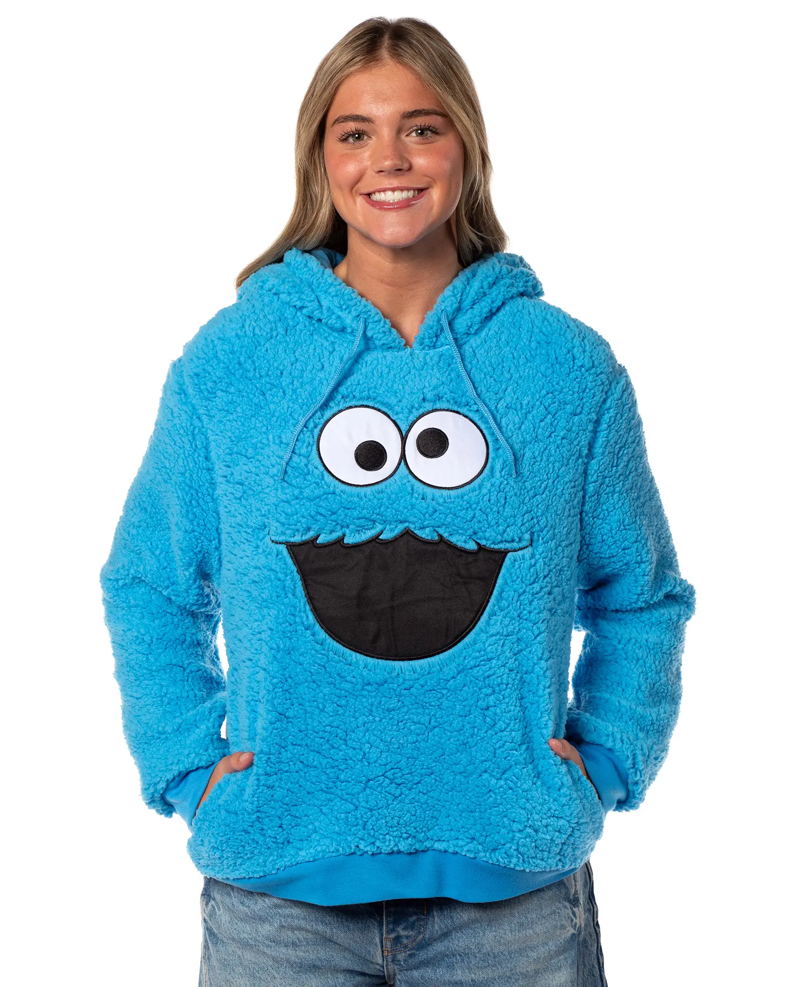 Sesame Street Women's Cookie Monster Embroidered Face Plush Fleece Long Sleeve Adult Costume Pullover Hoodie, Fuzzy, Everyday, Style, Lady