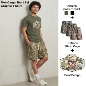 Two Piece Men’s Camouflage Cargo Shorts Set with Southern Boy Graphic Tee – Casual Hunting Style Summer Outfit,  Breathable, Gym Set,  Streetwear, Gift For Him