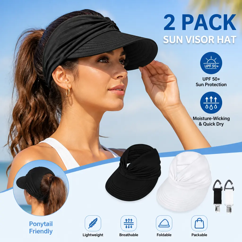 Women's Wide Brim Polyester Ponytail Visor UV Protection Hat - Lightweight, Packable, Quick-Dry, Adjustable for Adults - Beach, Casual Walks Use - Mid Year Sale Deals, Restock