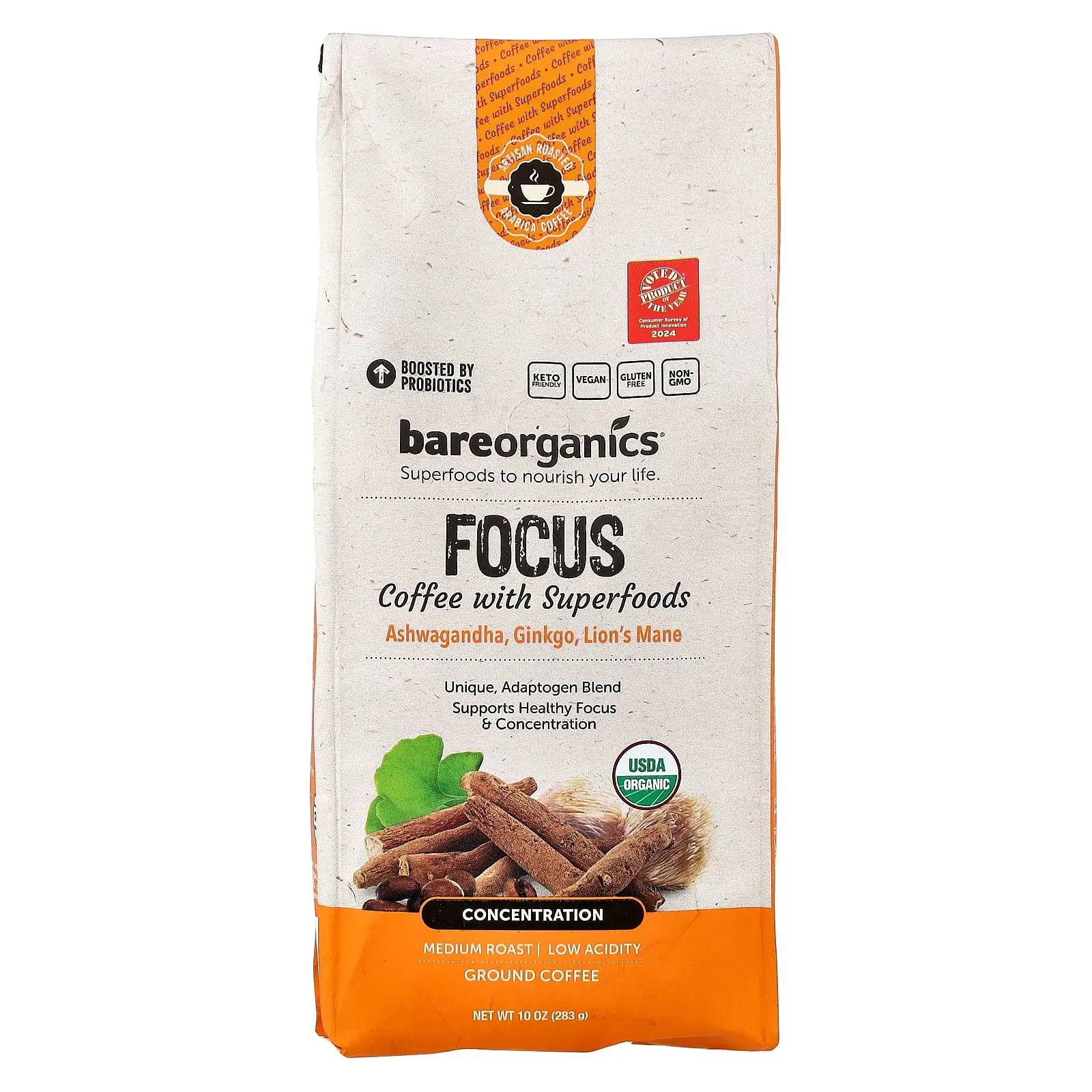 BareOrganics Focus Coffee with Superfoods, Ground, Medium Roast, 10 oz (283 g)