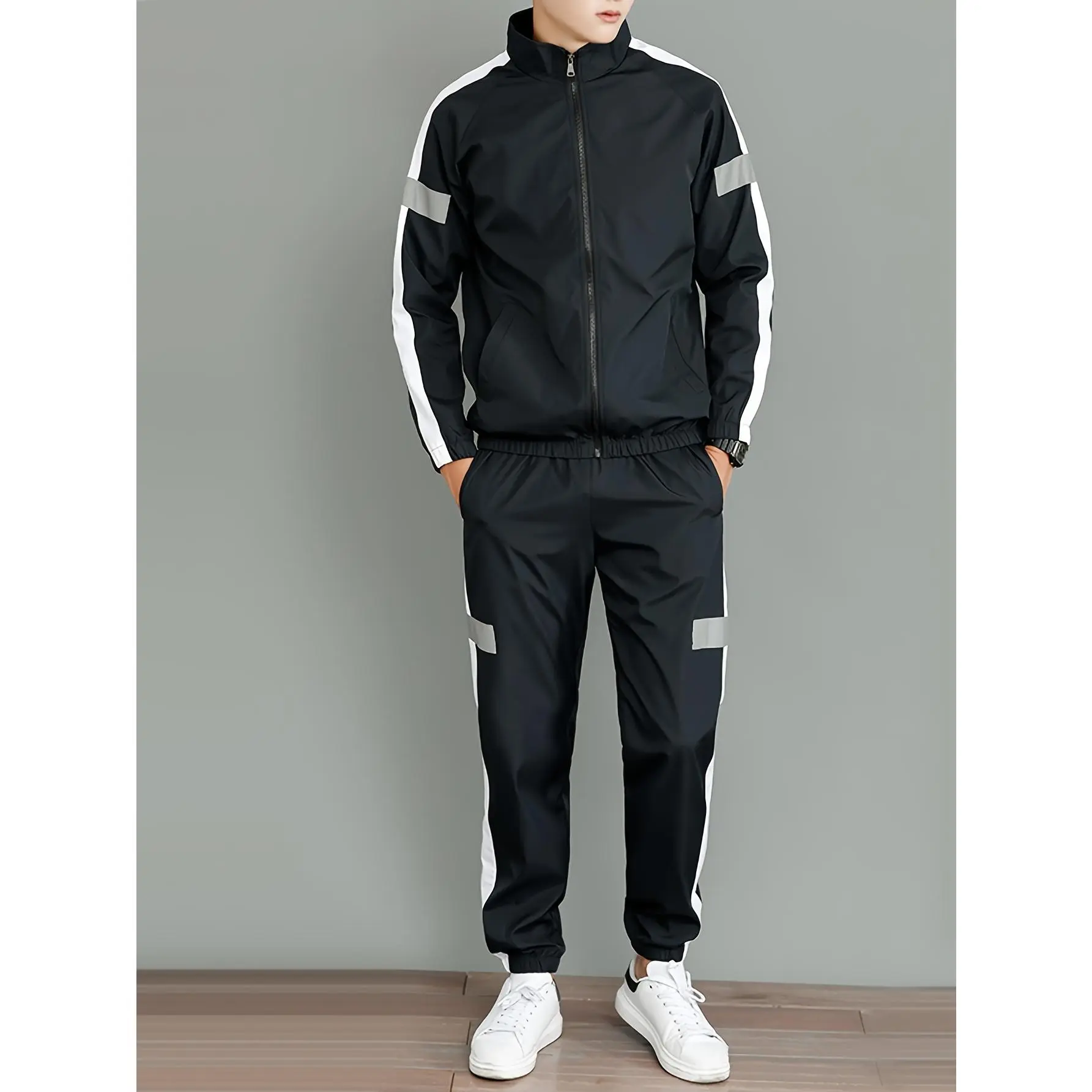 Men's 2-Piece Multi-Size Casual Black & White Striped Long Sleeve Polyester Sportswear Set - Zip-Up Jacket with Reflective Accents, Matching Joggers, Machine Washable, Ideal for Spring, Fall, No Lash Sets Note (S, XXL Included)