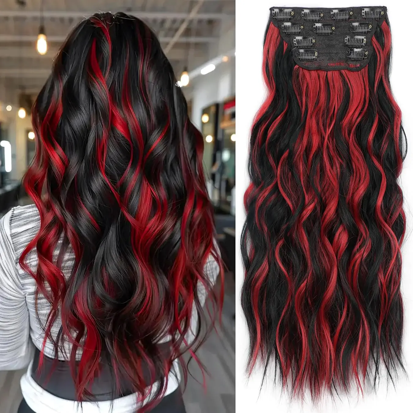 YVELIEN Clip-in Synthetic Curly Hair Extensions, 4PCS 20-Inch Wavy Highlight Black Double Weft Fiber Extensions for Women, Volumizing, Comfortable & Healthy, Clip In Hair Extensions summerwins