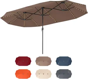 VALLMORE 15.5 FT Extra-Large Double-Sided Solar LED Patio Umbrella, 144 LED Lights 6-8H Glow, 12-Rib Rectangular Twin Parasol with Crank, Air Vent & Safety Latch for Backyard Pool Garden Deck (Beige/Coffee/Grey/Navy/Orange/Red)