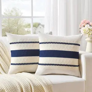 Set of 2 Navy Blue Decorative Throw Pillow Covers 18x18 Inch for Couch Bed Sofa Living Room Office, Aesthetic Modern Organic Farmhouse Home Decor, Soft Cotton Woven Textured Cushion Case