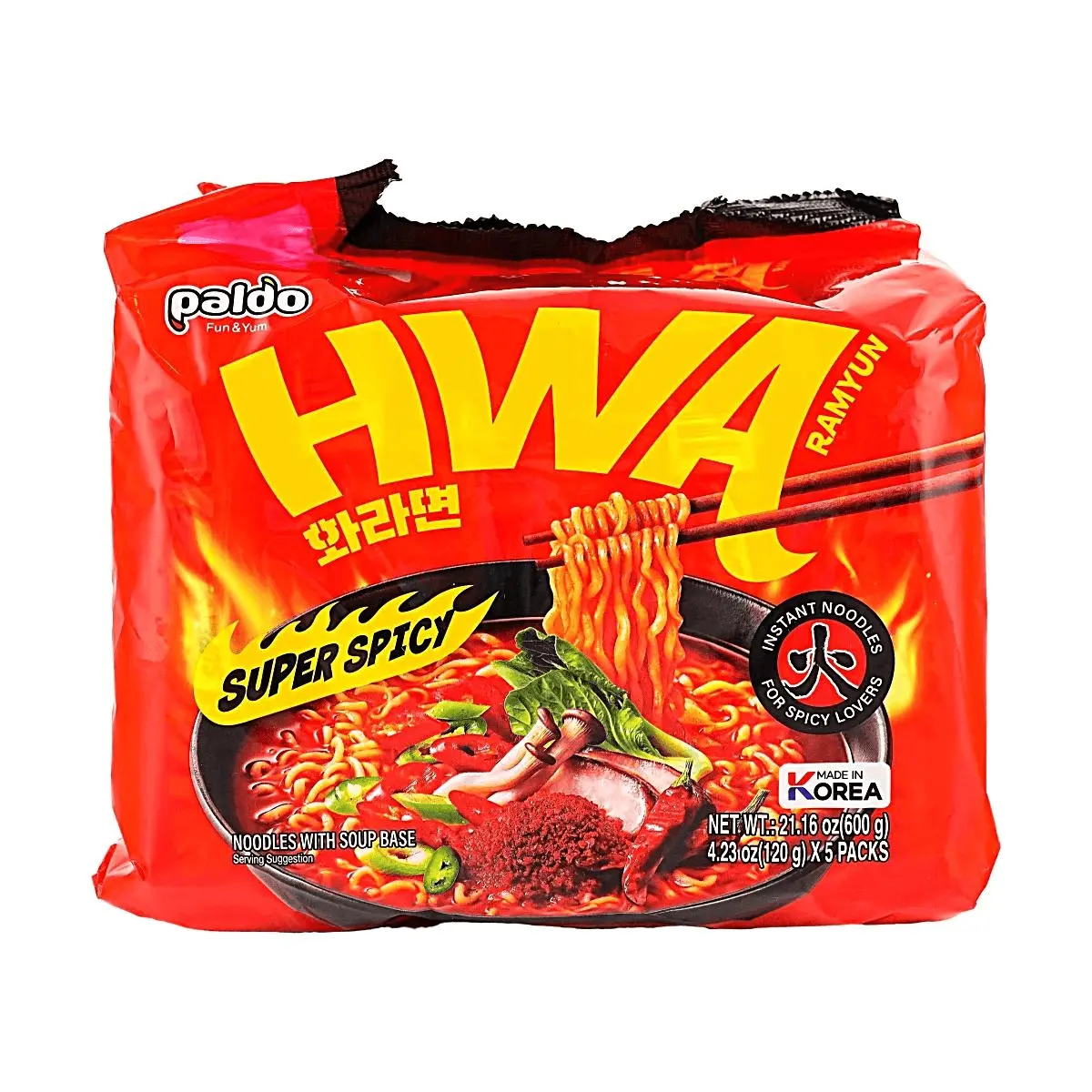PALDO HWA Spicy Korean Instant Noodles - Extreme Heat Ramyun, 5-Pack Bulk, 600g