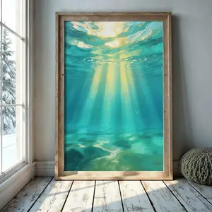 Underwater Sunlight Rays Ocean View Poster, Coastal Nature Wall Art | Unframed G
