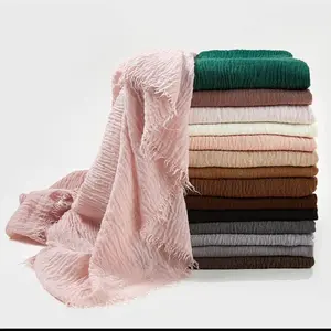 Cotton Blend Chic Ladies Crinkle  Distressed Effect Scarf With Fringed Edges/Crinkle Raw Edge Scarf Shawl Solid Color/Viscose Maxi Muslim long scarf