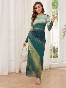 Women's All Over Print Ruched Bodycon Dress, Elegant Chic Long Sleeve Round Neck Long Dress for Formal Party Holiday Wedding Guest, Ladies Clothes for All Seasons