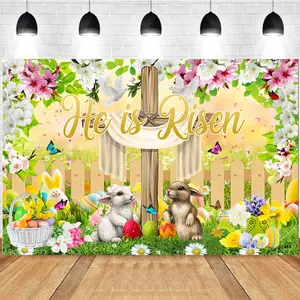 Photography Background Spring Easter Cross He Is Risen Bunnies Eggs Flowers Doves Birthday Party Photo Studio Backdrop