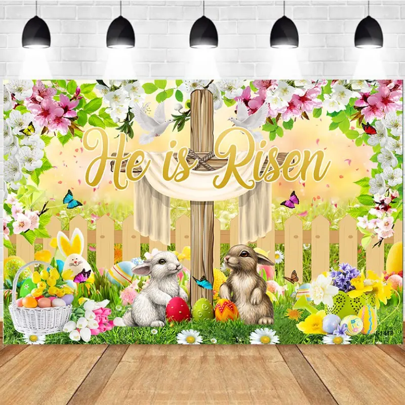 Photography Background Spring Easter Cross He Is Risen Bunnies Eggs Flowers Doves Birthday Party Photo Studio Backdrop