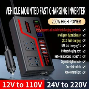 200w Car Inverter 12V/24v to 110v/220v Power Converter with Display, 4 USB Ports Fast Charging High Speed Charger, Smart Color Large Screen, QC Fast Charging