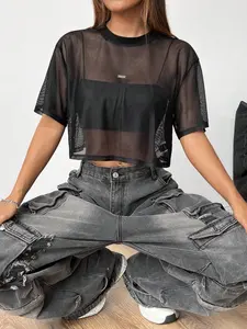 EZwear Women's Short Sleeve Black Mesh Top