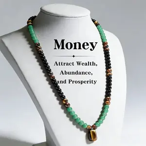 Natural Green Aventurine & Tiger Eye Money Attraction Necklace, 72cm Long Chain Unisex Sweater Pendant, Abundance & Wealth Healing Crystal Jewelry, Ideal Gift for Anniversary & Theme Parties