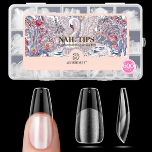 AZUREBEAUTY Medium Coffin Nail Tips, 600pcs Pre Etched Soft Gel Nail Tips 15Sizes Acrylic Fake Nails Half Matte Full Cover Clear Press On False Nail Extensions for DIY Manicure at Home Nail Art