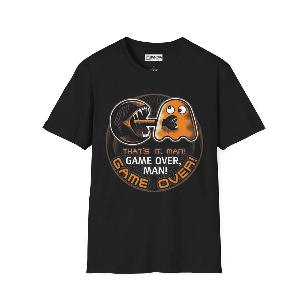 ALIENS AND PACMAN PARODY T-SHIRT #496 - 595% Polyester, Machine Washable, Stylish Crewneck for Summer & Father's Day