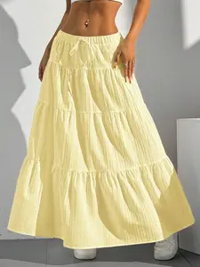 Elegant Women's High-Waist Ruffled Long Dress with Adjustable Drawstring, Lightweight Flat Fitted Skirt for All Seasons, Casual Fashion Clothing