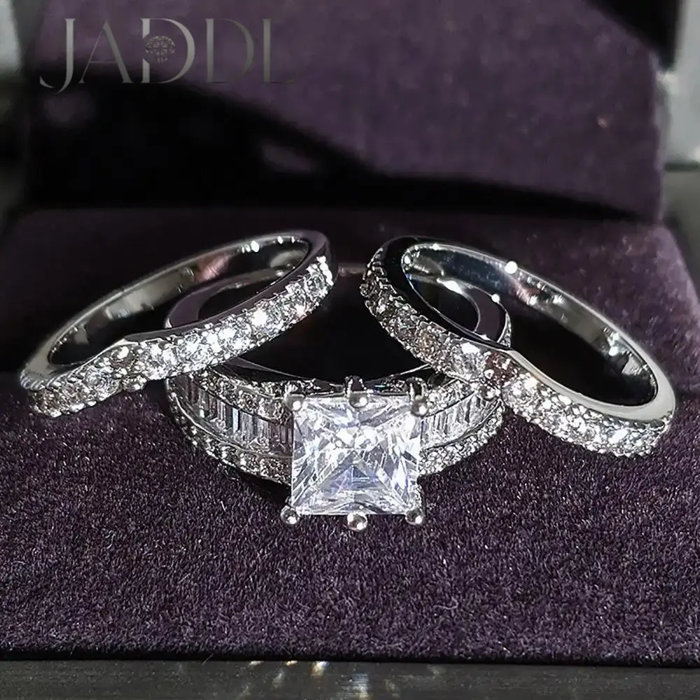 Vintage 10K White Gold 3ct Moissanite Ring set S925 Sterling Silver Bijou Engagement Wedding band Rings for Women men Jewelry-JADDL
