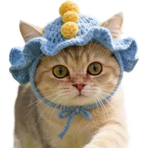 Cotton Soft Cute Dinosaur Knitted Cat Hat, Spring Puppy Hat for Small Pets Perfect for Birthday Party (Blue, M)