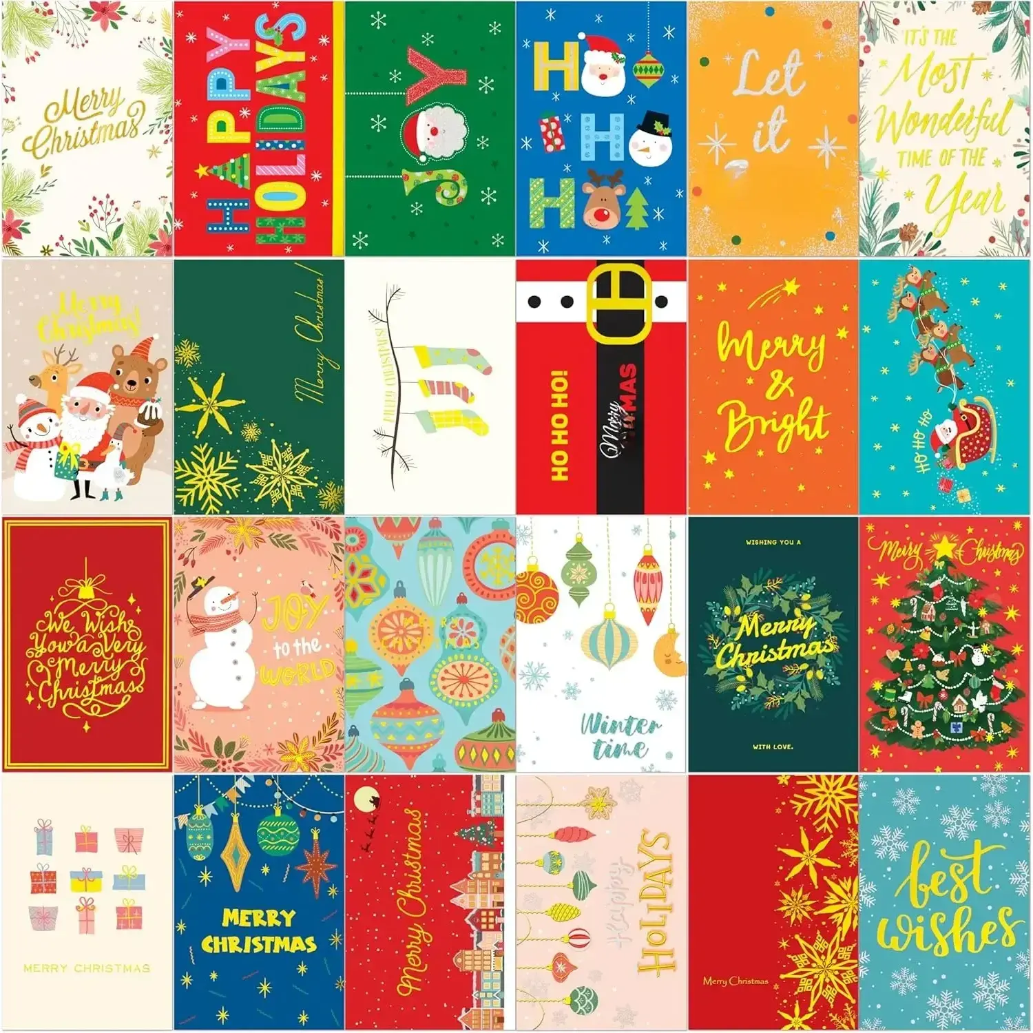 24-Cards Boxed Festive Christmas Holiday Cards with Envelopes, Gold Sticker Seals, Glitter Prints, Mix-and-Match Designs, 6x4in Printed Greetings Inside (Office Stationery) for Friends & Family