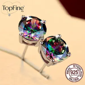Exquistie 925 Sterling Silvery Women Fashion Stud Earring 8mm Round Synthetic Zirconia Mystical Rainbow Single Stone, Multicolor Hypoallergenic,Elegant Simple Style Female Ear Ornaments Party Wedding Decor Daily Valentines Christmas Day Jewelry Gift