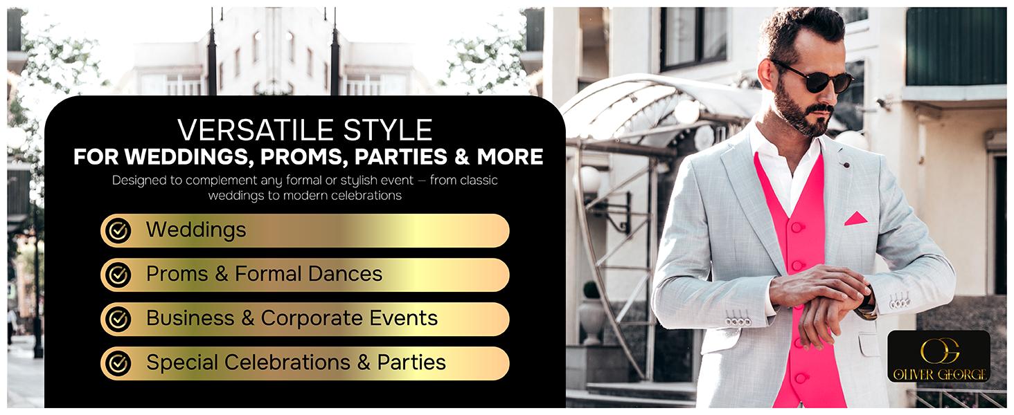 Oliver George Men's 4pc Formal Vest Set: The Ultimate Wedding & Prom Look | Includes Waistcoat, Tie, Bowtie & Pocket Square | XS-4XL All Sizes | 20+ Stunning Colors