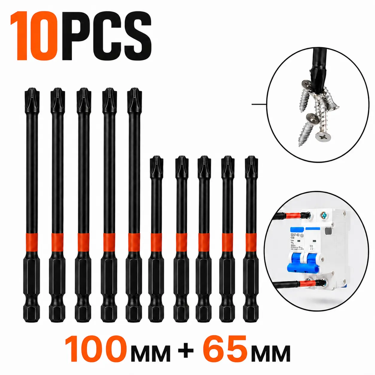 JAVERCO 10PCS FPH2 Impact Screwdriver Bit Set for Electricians, S2 Steel Magnetic Tips, 65mm & 100mm 1/4" Hex Shank, Slotted & Cross Slot Power Tool Bits for Electricians and Industrial Maintenance, 110Mm, Bits Screwdriver Accessories