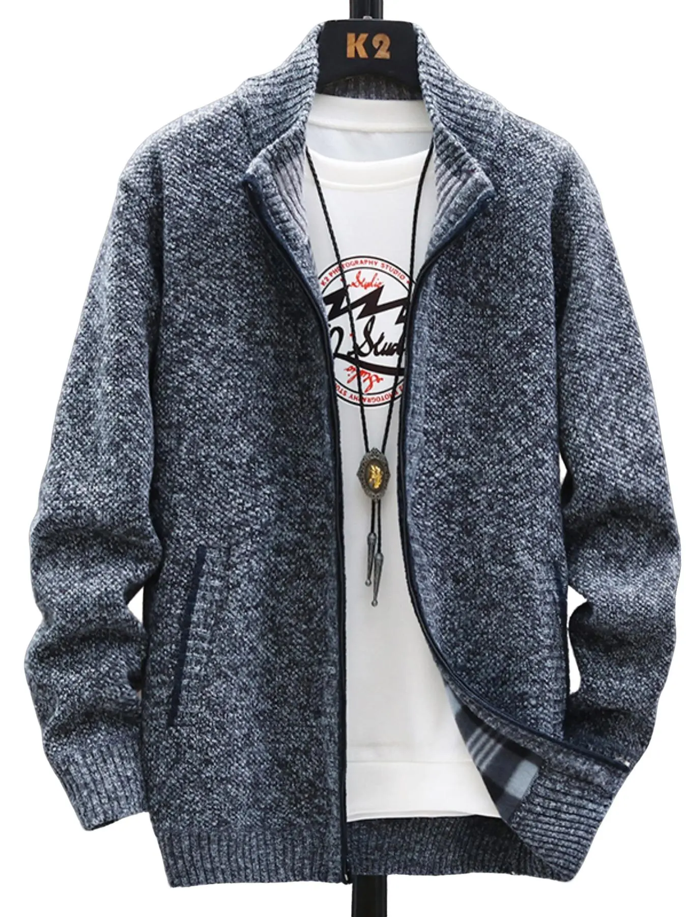 Men's Stand Collar Knit Cardigan, Winter New Casual Fleece Lined Sweater Jacket, Warm Zipper Pullover Outerwear for Office Daily Wear