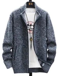 Men's Stand Collar Knit Cardigan, Winter New Casual Fleece Lined Sweater Jacket, Warm Zipper Pullover Outerwear for Office Daily Wear