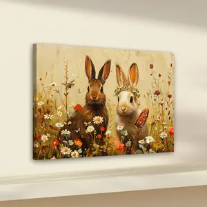 1pc Wooden Framed, Bunnies in Flower Meadow Art Print Poster, Easter Bunny Rabbits Wall Art Canvas Painting, Vintage Spring Art Pictures, Whimsical Cottagecore Rabbit Nursery Wall Decor, Home Decoration, Perfect Gift