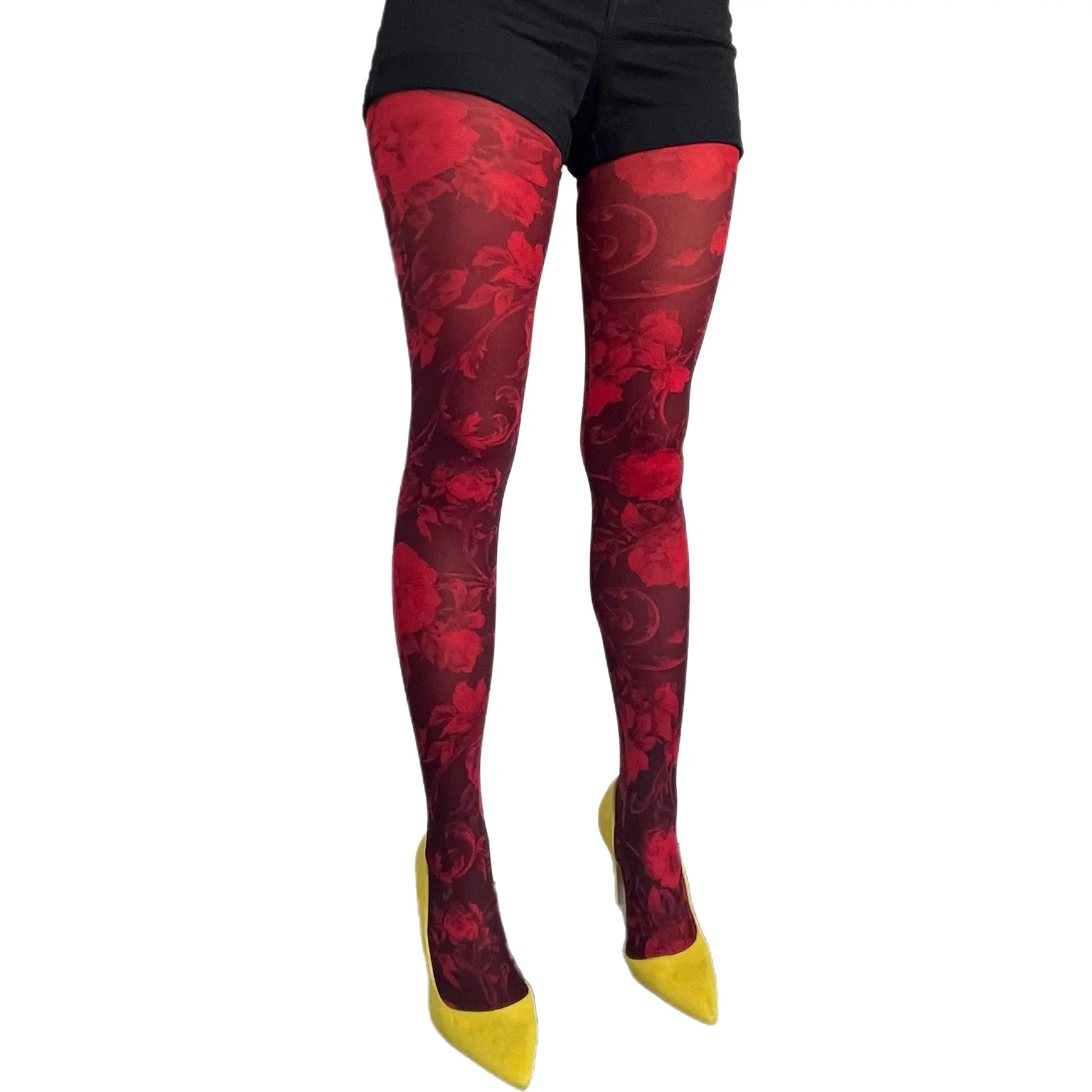 Red Floral Patterned Tights For Women