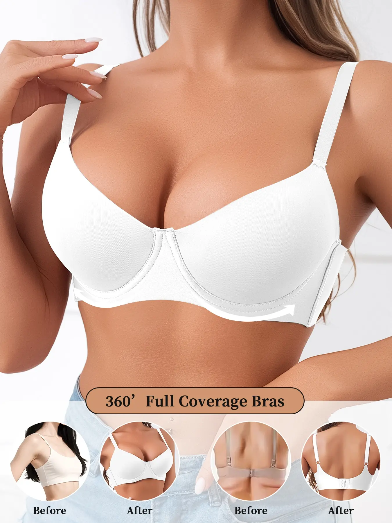 1 Pack / 6 colors Women's seamless push-up bra, Breathable fit bra, Underwire balconette, non-removable pads, four-row three-hook back, adjustable straps, skin-friendly, comfortable, breathable, daily wear/commuting, solid color bra, Multiway bra