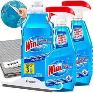 3 Windx Glass Cleaner Spray, Original Blue Window Cleaner, 2 Spray Bottles and 1 Refill, Works on Smudges and Fingerprints - With Lint Free Cleaning Cloth and Duvilo Window Squeegee