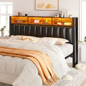 Raybee Furniture Full/Queen/King Size Headboard with USB & Type C Port, Stylish Royalty  Headboard Only with LED Light, with Storage Shelf, Only Upholstered for Bedroom [NewYearNewMe]