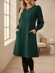 Women's Casual Wear A-Line Dress, Plain Round Neck Long Sleeve, Pocket Design, Slim-Fitting Fall & Winter Fashion, European and American Style, Womenswear