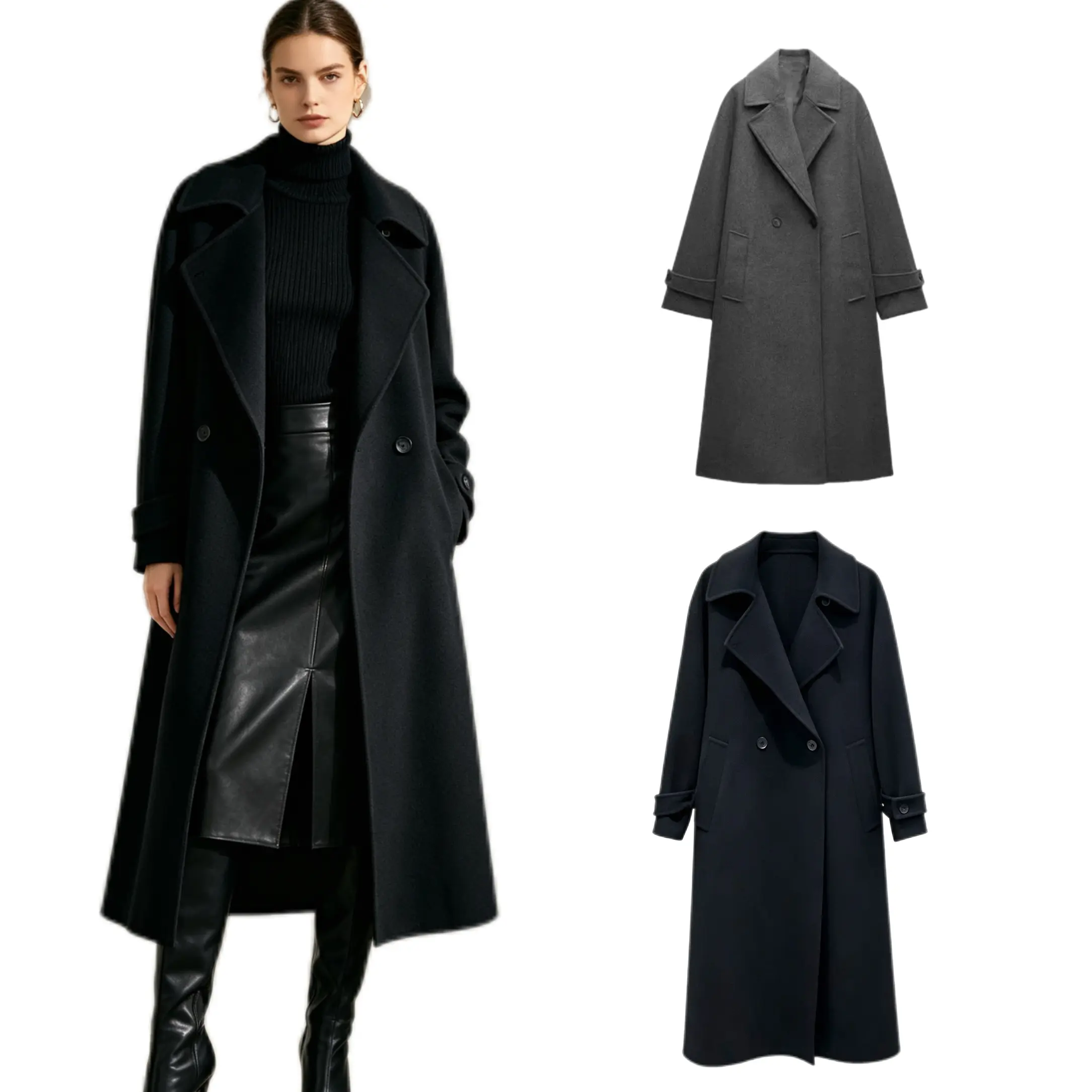 [GT1002]Wool Trench Style Coat Timeless Classic Long Notched Lapel Waist Tie Belt Cuff Tab Double Breasted Side Pockets Outerwear Double Faced Wool for women