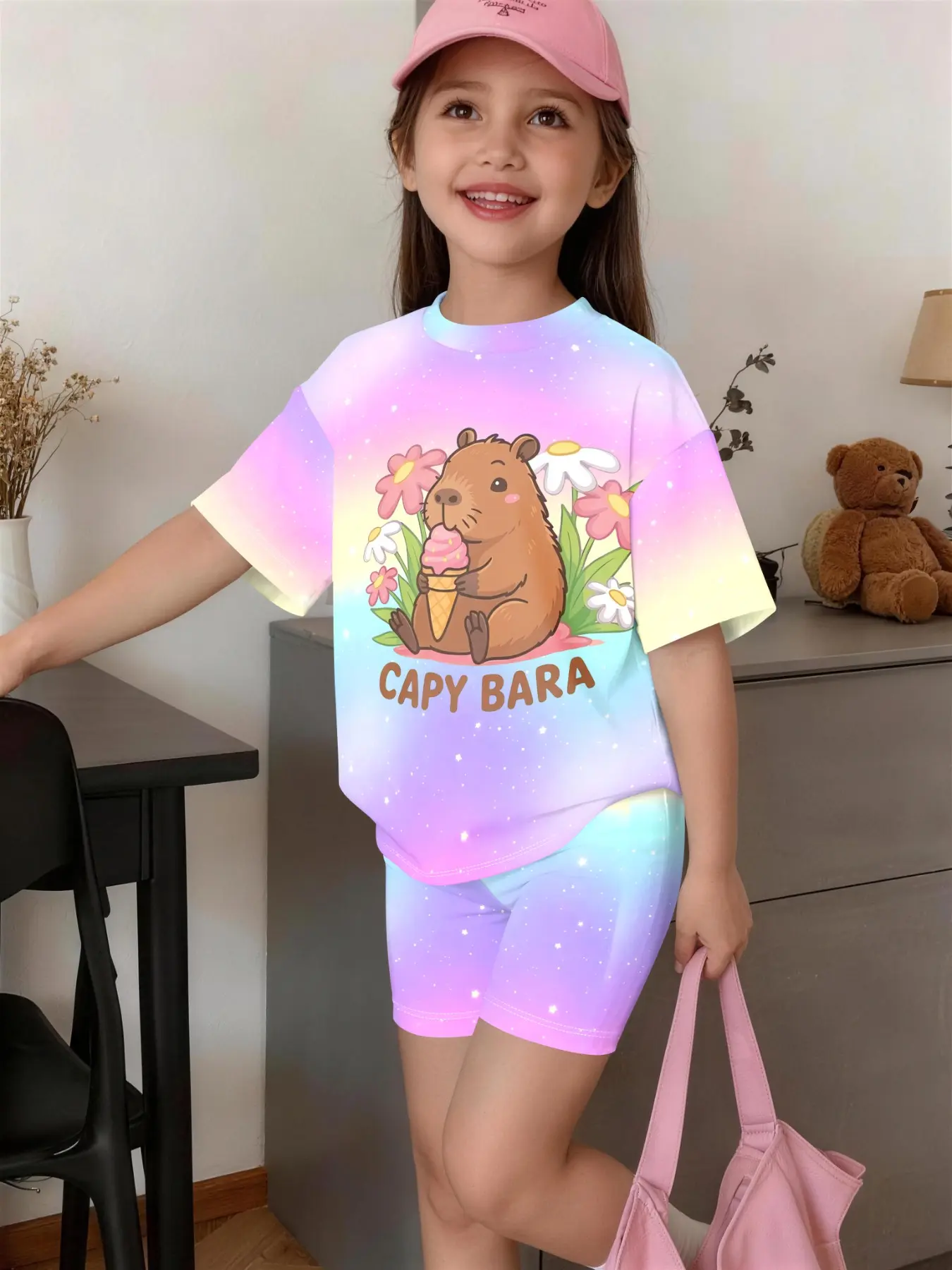 Kids Girls Gradient Capybara Print Outfit Short Sleeve Tee & Matching Shorts Set Cute Sets Summer Clothing Set Clothes Kids Children