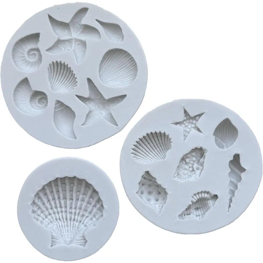3 PCS Food Grade Marine Theme Fondant Silicone Baking Molds - Sturdy, Flexible, Easy to Demould, -104°F~446°F Heat Resistant, No Permeate, Tasteless, with Seashell, Conch, Starfish, Coral Shapes for DIY Cake Decoration, Chocolate Crafting
