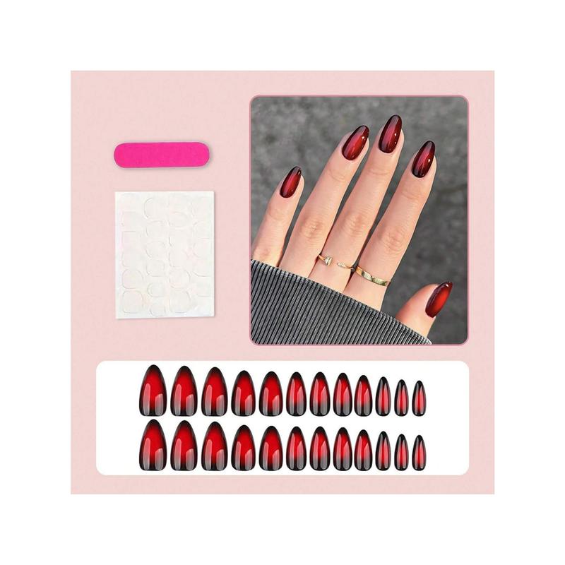 24 pcs set Red Black Ombre Press On Nails Almonds Medium Length - Acrylic Fake Nail, Reusable Glue On Stick On Nails, Fall Halloween Designer Nails For Women