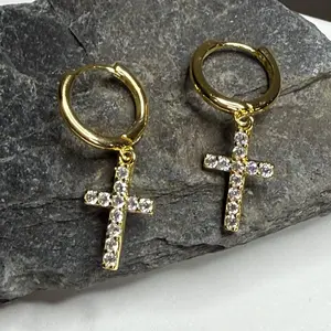 Gold Hoop Earrings with CZ Cross