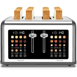 4 Slice Toaster Touch Screen, Stainless Steel Toasters Digital Timer, Dual Control Panel Toasters, 8 Shade Settings 6 Bread Types for Bagel, Cancel, Defrost 1650W Grey