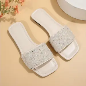 Chic Rhinestone Slide Sandals for Women Square Toe Slip-On Flat - Ideal for Summer, Dressy Occasions Casual Beigewhite