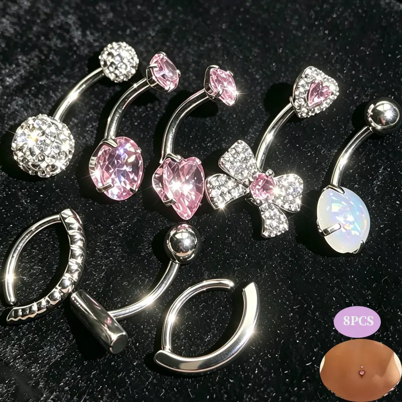 8Pcs Belly Piercings Kit for Ladies,Short Sexy Design Stainless Steel 14G Belly Button Piercing Jewelry, Pink Unique Belly Rings Premium Belly Button Jewelry,Body Navel Piercing Gift Set