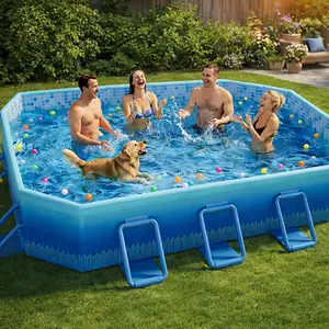 101 inch (approx. 256.5 cm) foldable swimming pool, suitable for adults and children. Non-inflatable pool with metal frame, thickened PVC and PP board support. Large stable foldable swimming pool, ideal for family, dogs,