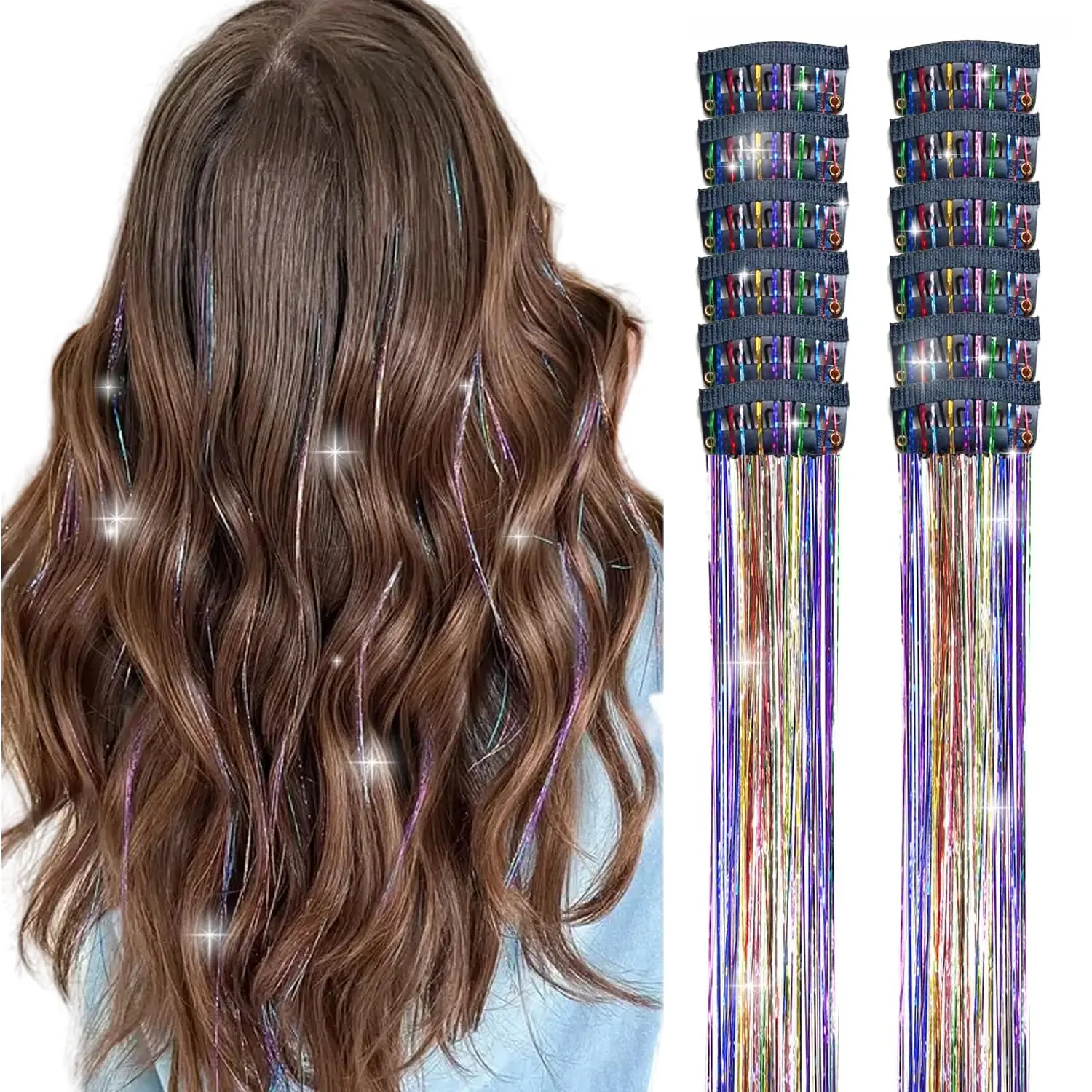 Hair Tinsel Clip in Pack of 12 count Glitter Tinsel Hair Extensions 24 Inch Clip in Hair Tinsel Sparkly Fairy Hair Accessories for Girls Women  (Colorful)
