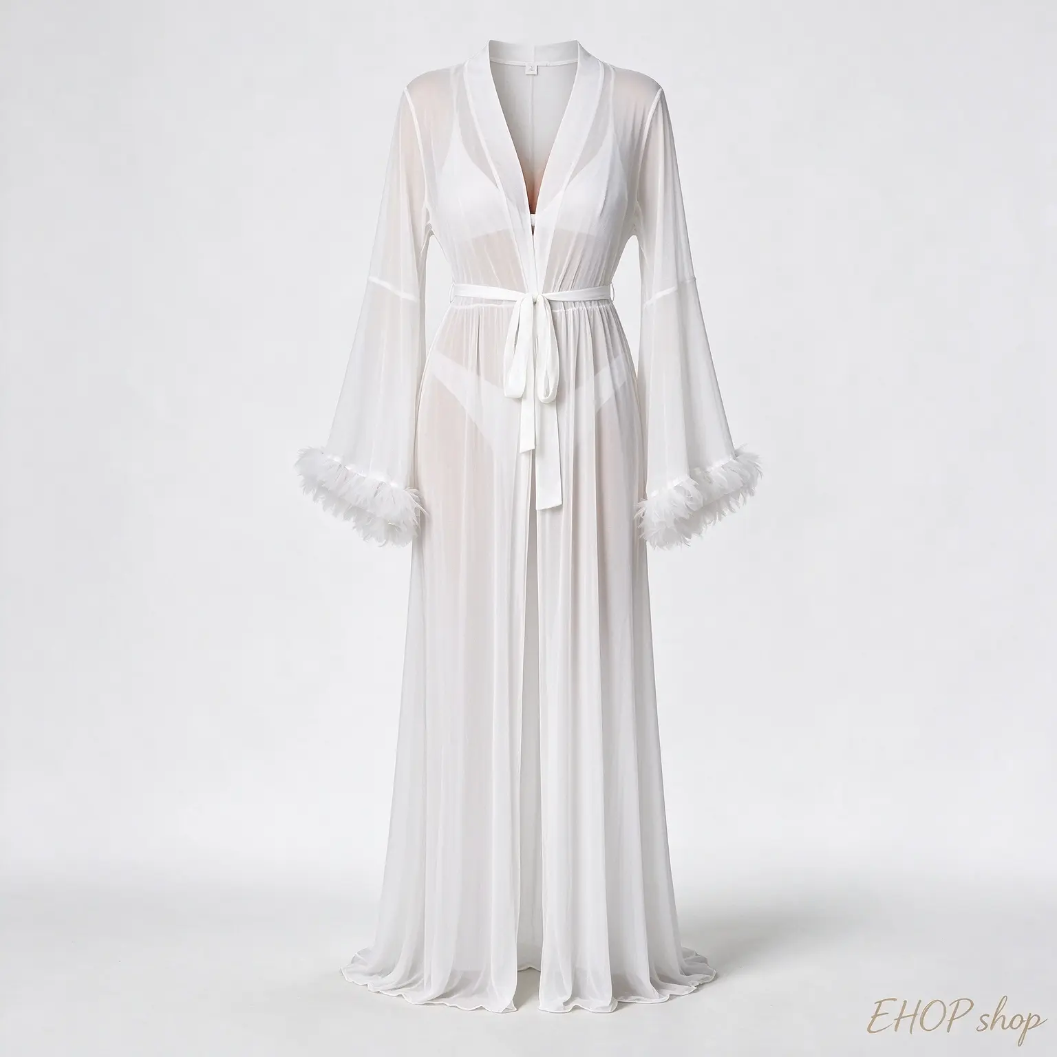 Women's Sheer Mesh Belted Waist Bridal Robe - Long Length Long Sleeve V-Neck Loungewear Robe with Ruffle Trim, Trumpet Sleeves, Elegant Polyester Nightwear for Wedding Photos & Sohochic