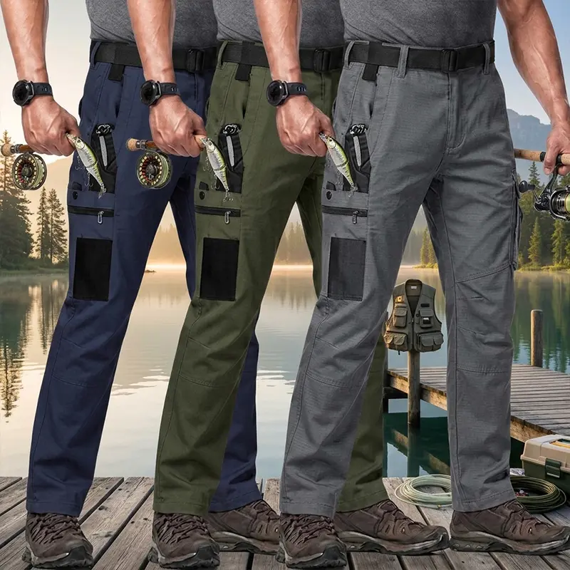 HOMUG 3-piece men's tactical work pants are made of 230g/m² tear-resistant fabric. They feature multiple pockets and zippers. They are suitable for spring and autumn seasons and are suitable for outdoor hiking, camping, fishing and daily work.
