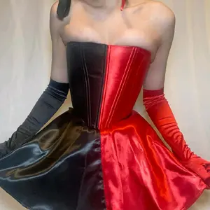 Red & Black Satin Corset Dress Set – Harlequin Cosplay, Burlesque, Gothic Costume with Skirt