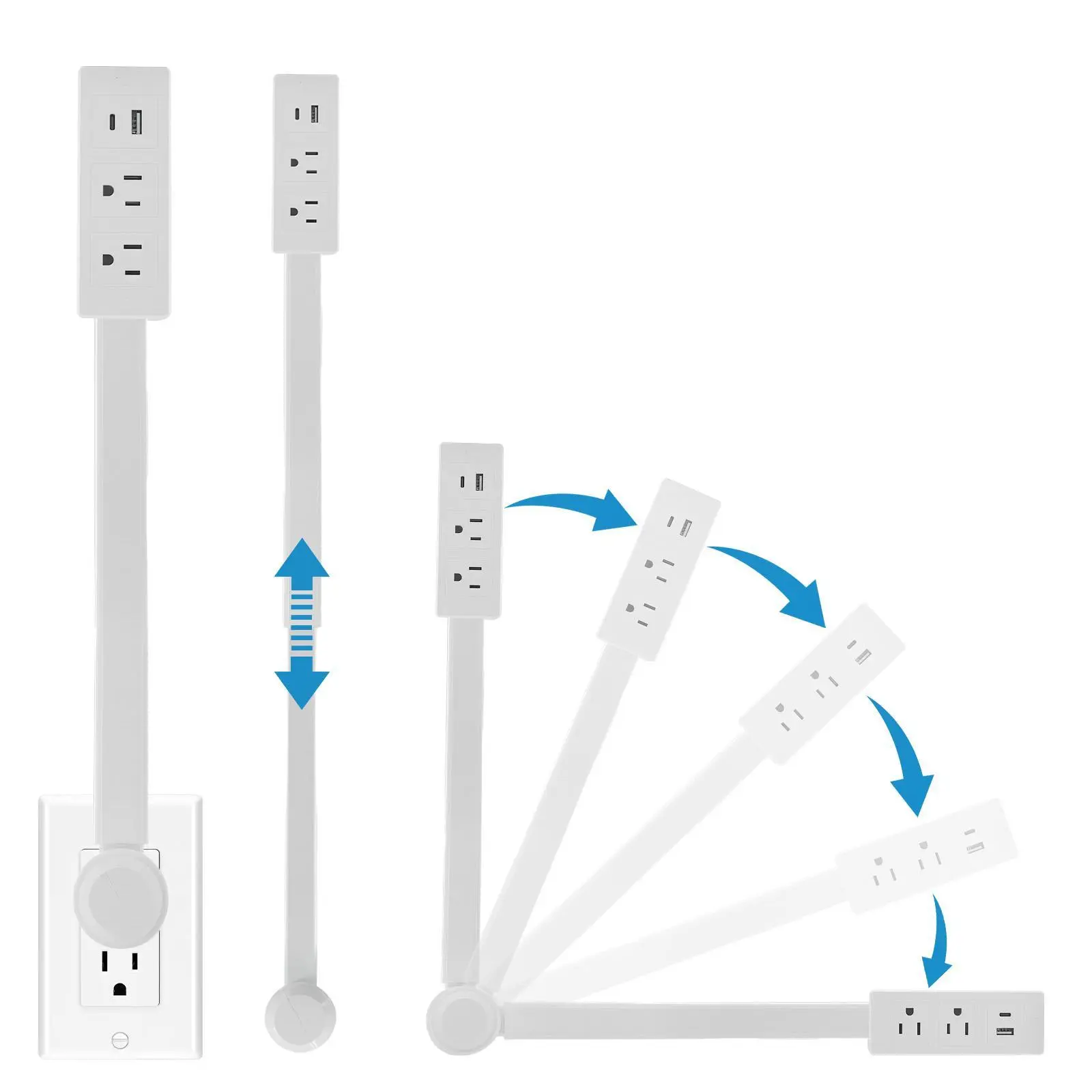 Power Socket Extenders, USB-A, USB-C and 2 AC Power Socket Extension Rods Extend 18-27 Inches Into Hard-to-reach Spaces and Rotate 180°.